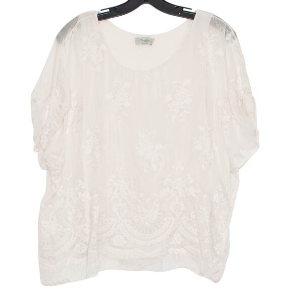 Angela Moda Top Silk Embroidered Floral Cottage Romantic Boho Italy Ivory Medium - Picture 8 of 8